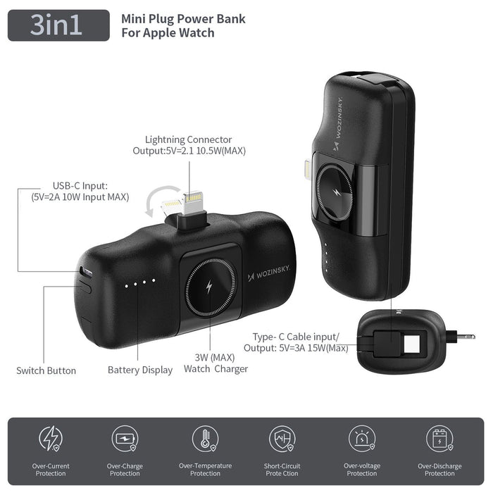 Wozinsky WF16-YLS 5000mAh 15W Lightning Mini Power Bank with Built-in USB-C Cable and Apple Watch Charger - Black