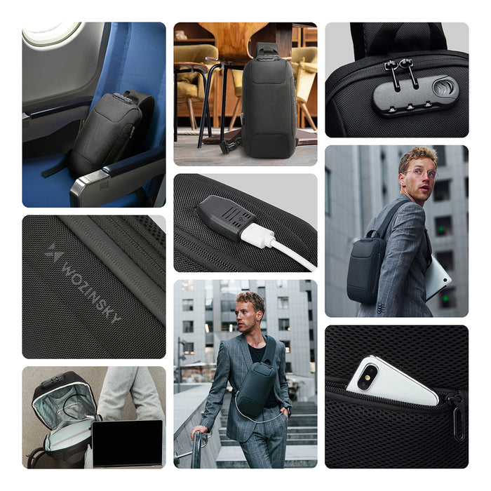 Wozinsky Premium Single Shoulder Anti-Theft City Backpack with Organizer and USB - Black