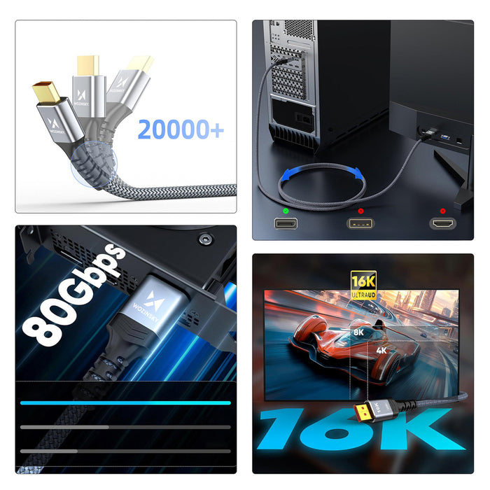 Wozinsky WPS-16AYL1S DisplayPort 2.1 Cable 80Gb/s 16K@60Hz 8K@120Hz 4K@240Hz HDR HDCP DSC 1m - Black