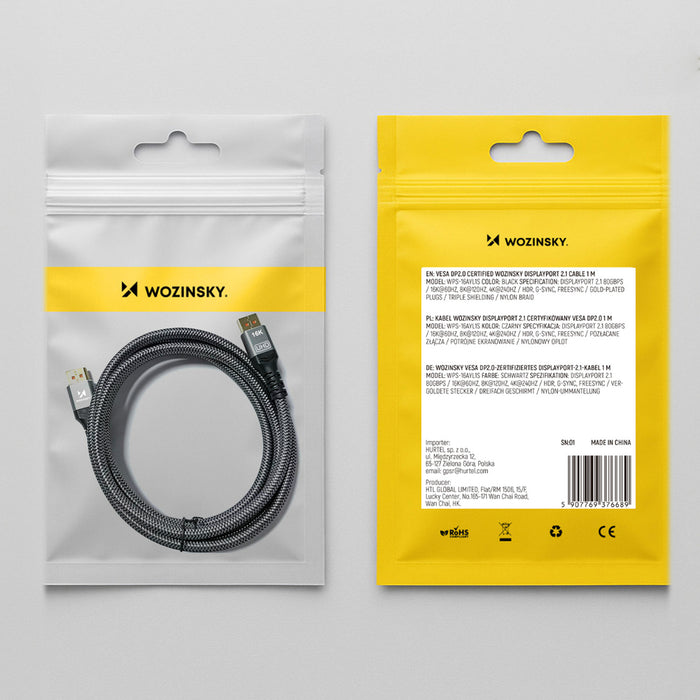 Wozinsky WPS-16AYL2S DisplayPort 2.1 80 Gb/s 16K@60Hz 8K@120Hz 4K@240Hz HDR HDCP DSC cable - black