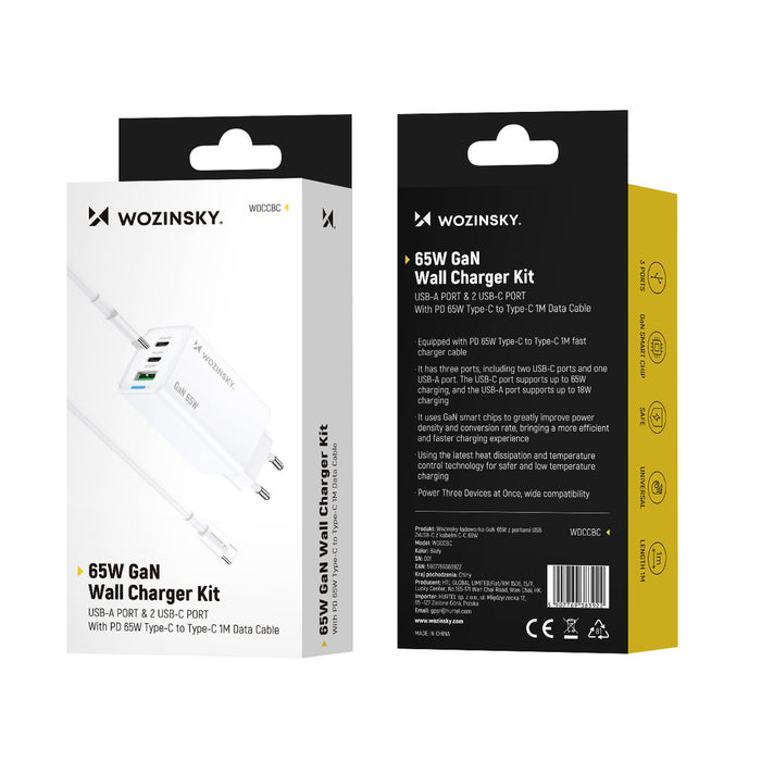 Wozinsky GaN 65W Charger with 2xUSB-C USB Ports with 65W CC Cable - White