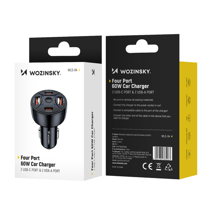 Wozinsky WLS-04 60W Car Charger 2xUSB-C 2xUSB-A - Black