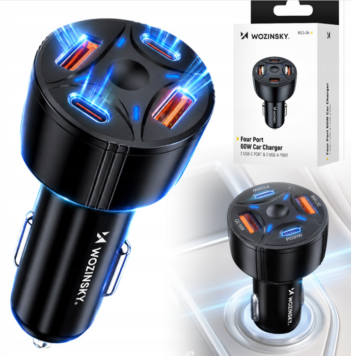 Wozinsky WLS-04 60W Car Charger 2xUSB-C 2xUSB-A - Black