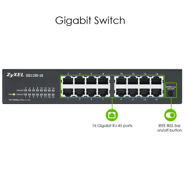 Switch ZYXEL GS1100-16, 16 ports, Gigabit, for mounting in a cabinet