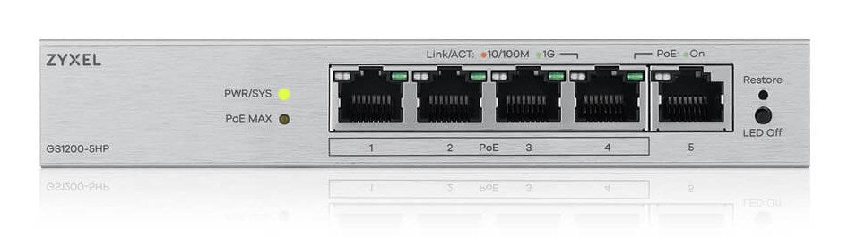 ZyXEL GS1200-5HP v3, 5 Port Gigabit PoE+ webmanaged Desktop Switch, 4x PoE, 68 Watt