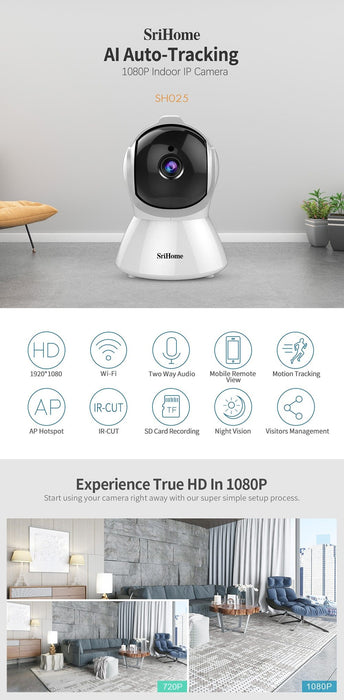 IP camera Sricam SH025 Smart Home Wifi 1080P, ONVIF, night vision, internal mounting, rotating, follow a subject