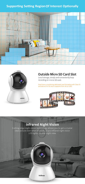 IP camera Sricam SH025 Smart Home Wifi 1080P, ONVIF, night vision, internal mounting, rotating, follow a subject