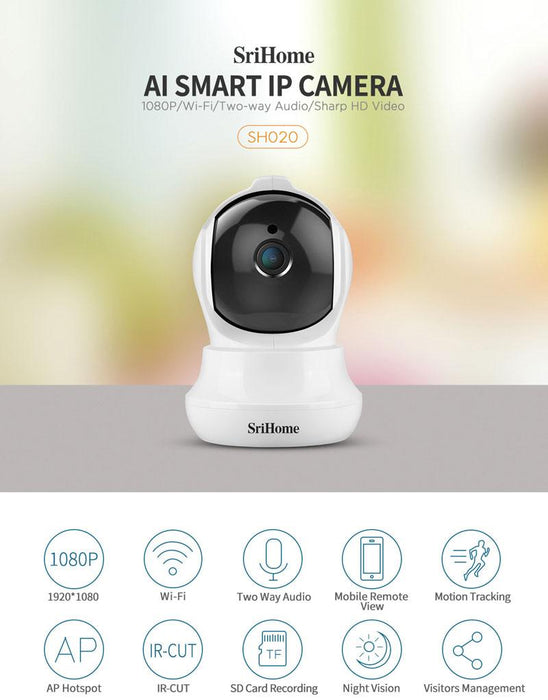 IP camera Sricam SH020 Smart Home Wifi 1080P RJ45, ONVIF, night vision, internal mounting, rotating, follow a subject