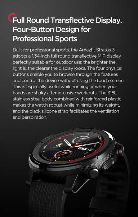 Smart watch Amazfit Stratos 3, GPS + GLONASS, 5ATM, Bluetooth 5.0