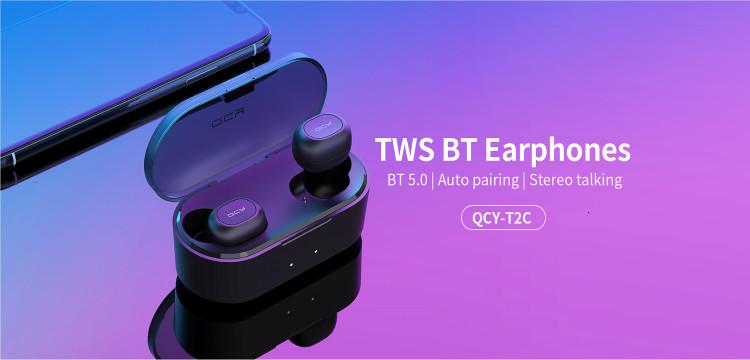 Wireless Bluetooth 5.0 headset with two microphones QCY T2C-RX TWS, 3D Stereo, Powerbank Case